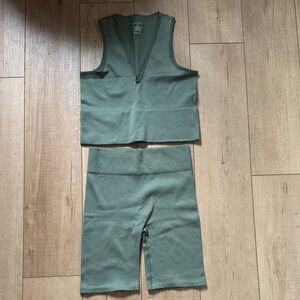 Dynamite Olive Ribbed v-neck Tank Top, (large) and matching shorts, medium.